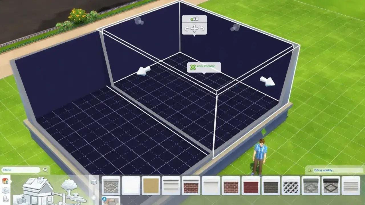 Budowanie w The Sims 4: jak zrobić pół płytki. Widok na pusty pokój z siatką podłogową i narzędziami do budowy.