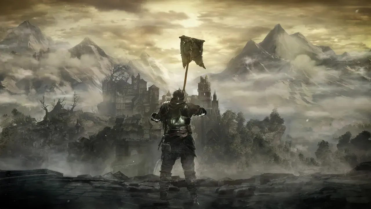Rycerz w zbroi z chorągwią wzniesioną ku niebu, na tle mglistych gór i zrujnowanego zamku. Klimat rodem z **Dark Souls**.