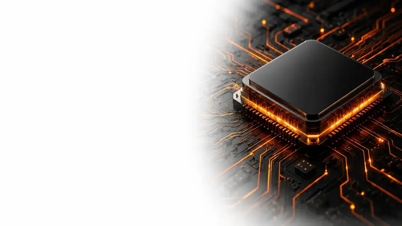Un processeur noir sur une carte mère aux circuits lumineux orange. La vitesse de ces circuits, mesurée en GHz, détermine la puissance de calcul.