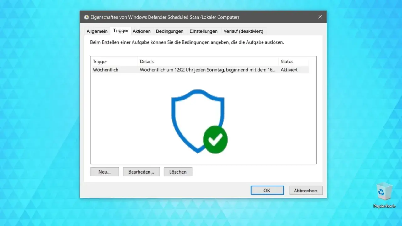 Windows Defender plant wöchentliche viren scan. Ein Schild mit Häkchen symbolisiert Sicherheit.
