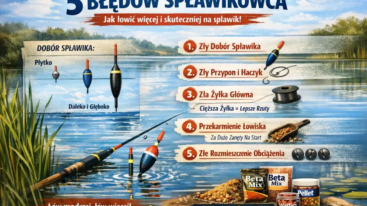 5 błędów, jak łowić ryby na spławik: dobór spławika, przypon, żyłka, zanęta i obciążenie. Wędka i spławiki w wodzie.