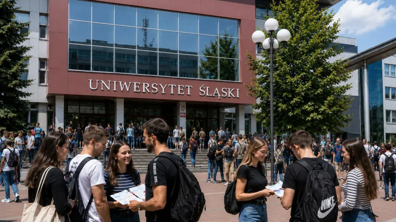 Studenci Uniwersytetu Śląskiego w Gliwicach rozmawiają przed budynkiem.