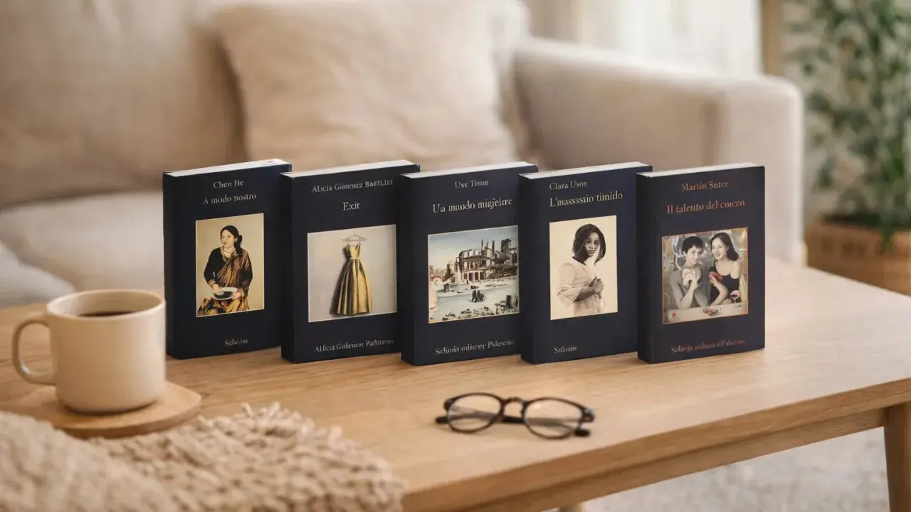 I delitti del Barlume: libri in ordine cronologico, una tazza di caffè e occhiali sul tavolo.