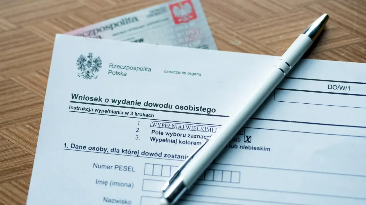 Formularz wniosku o wydanie dowodu osobistego z długopisem.