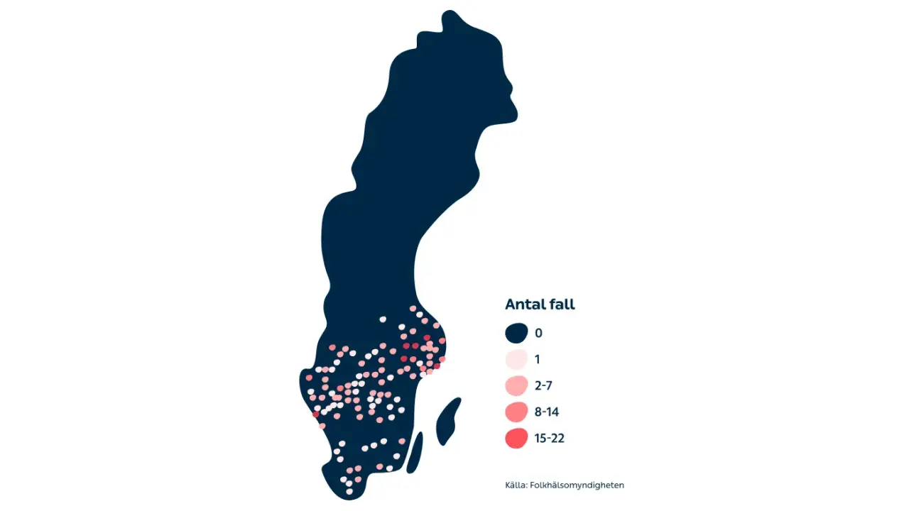 En karta över Sverige med prickar som visar antal fall. Mörka prickar indikerar noll fall, medan ljusare och rödare prickar visar fler fall.