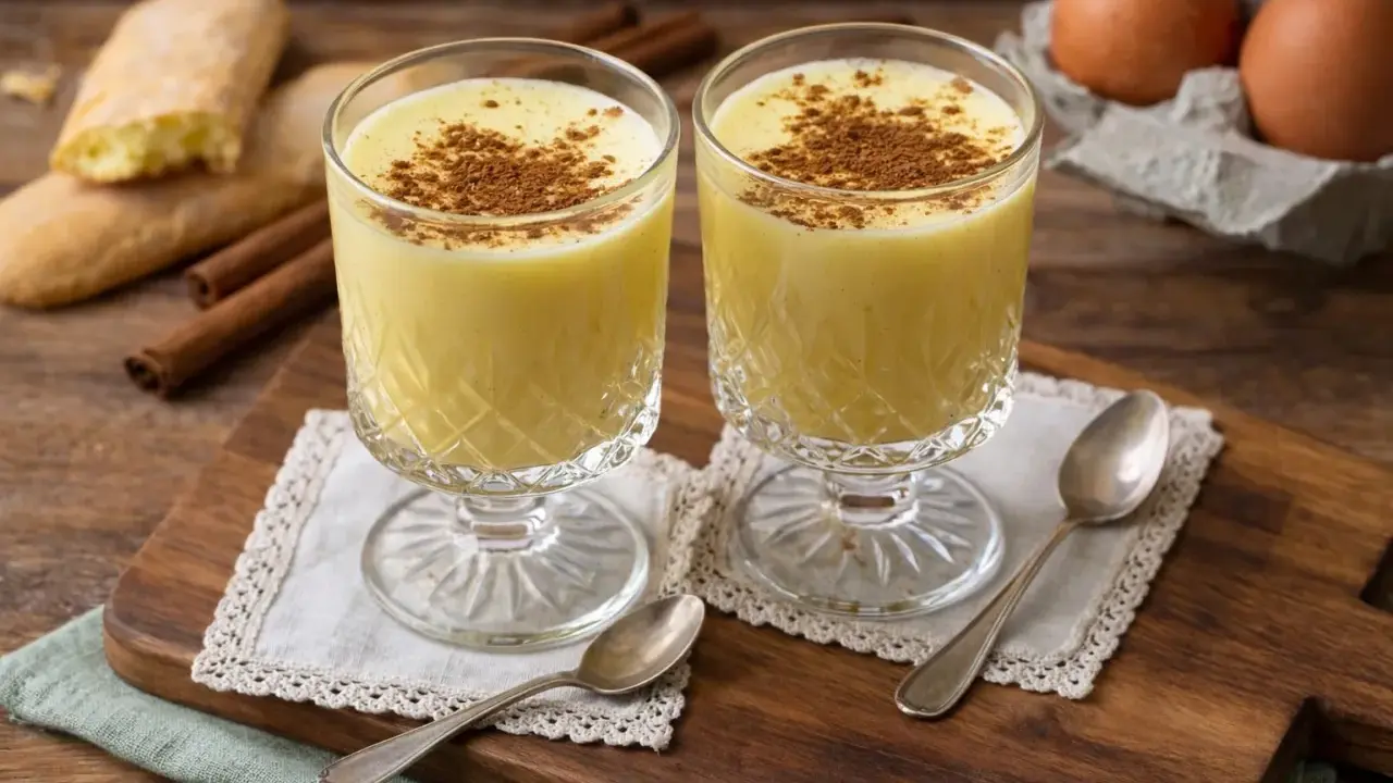 Zwei Gläser cremiger Zabaione, bestreut mit Zimt. Dazu Savoiardi-Kekse und Zimtstangen – ein perfektes Zabaione Rezept.