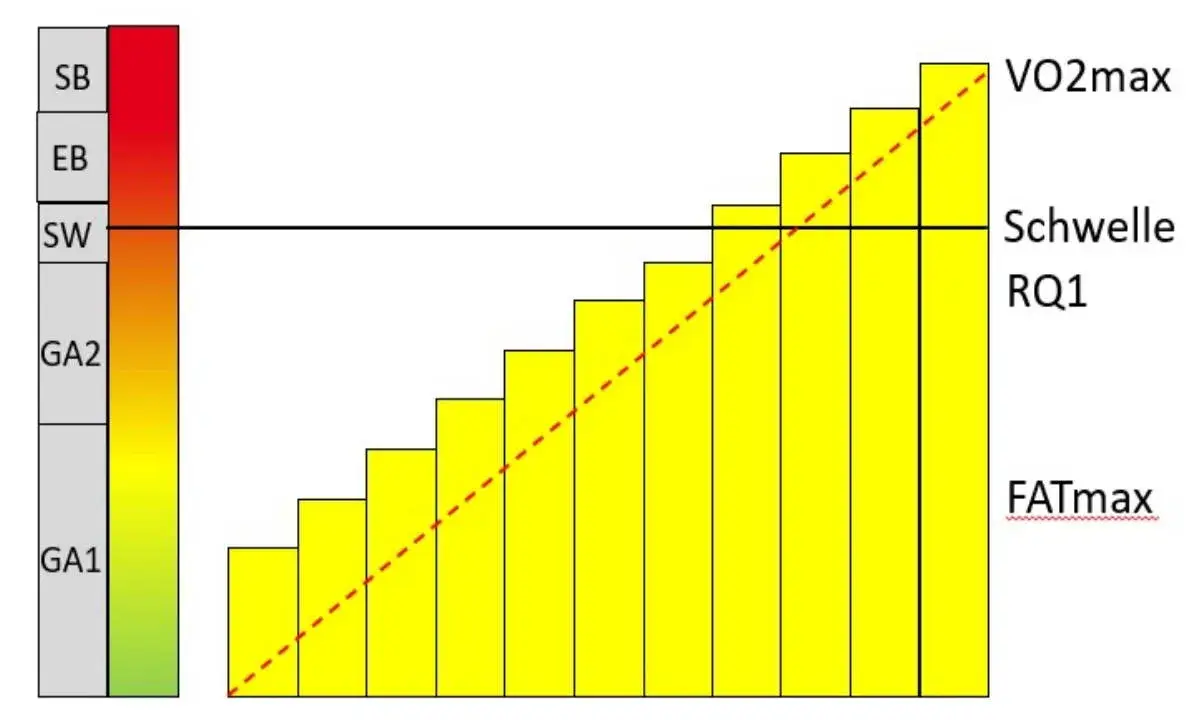 Diagramm zeigt Trainingszonen: GA1, GA2, SW, EB, SB. Die gelben Balken steigen an, die rote Linie zeigt die Schwelle. Oberhalb der Schwelle beginnt die anaerobe Zone.