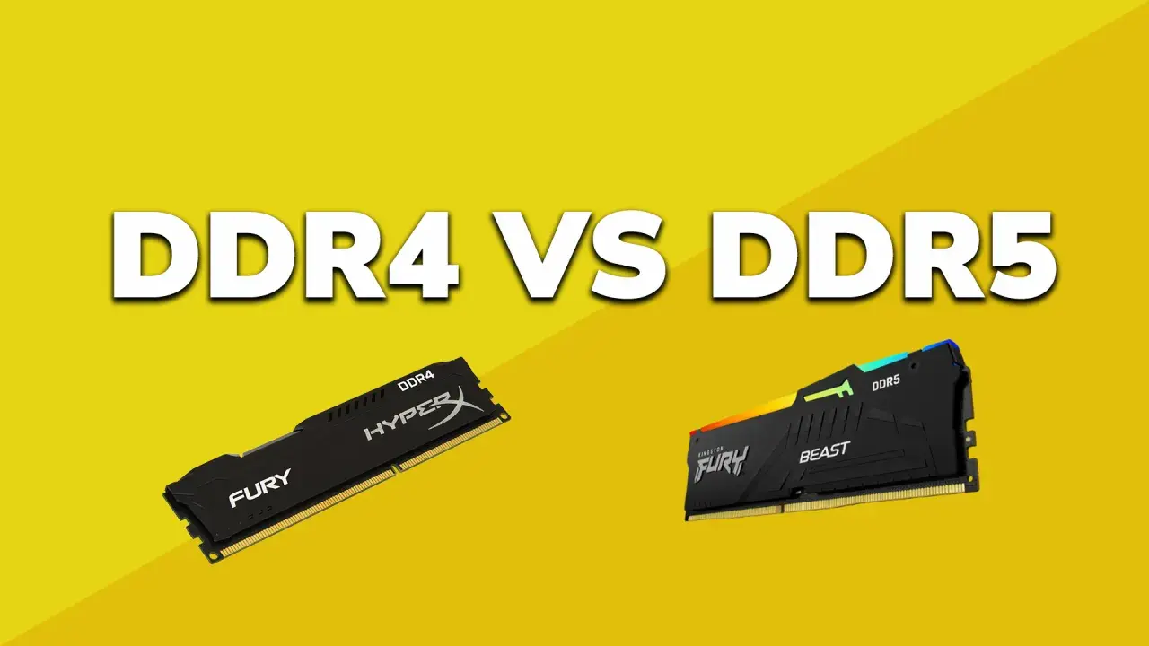 Comparaison DDR4 vs DDR5. Deux barrettes de RAM, une DDR4 HyperX FURY et une DDR5 Kingston FURY Beast, sur fond jaune. La fréquence RAM est un facteur clé.