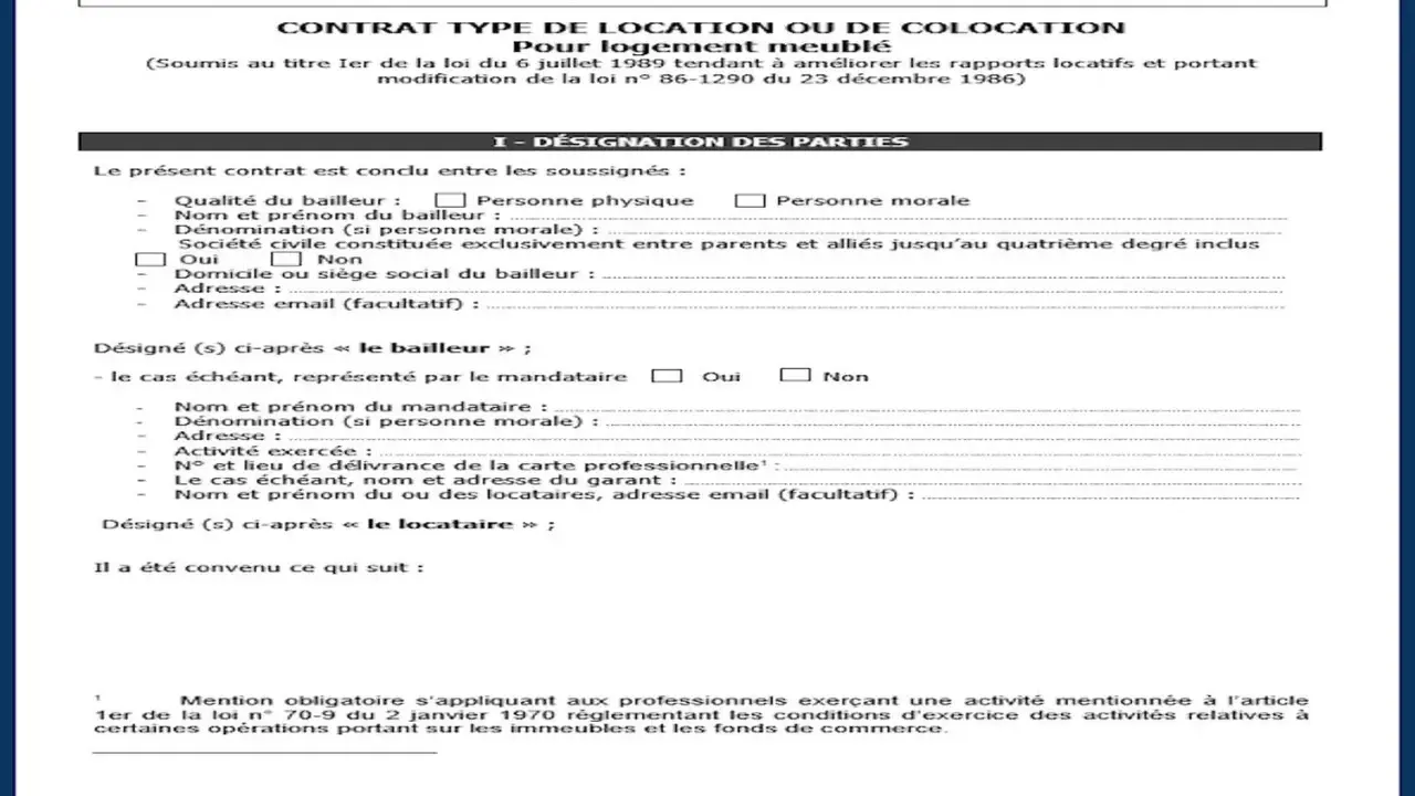 Document de contrat type pour comment faire un bail de location de logement meublé, avec sections pour désigner les parties (bailleur, locataire) et leurs informations.