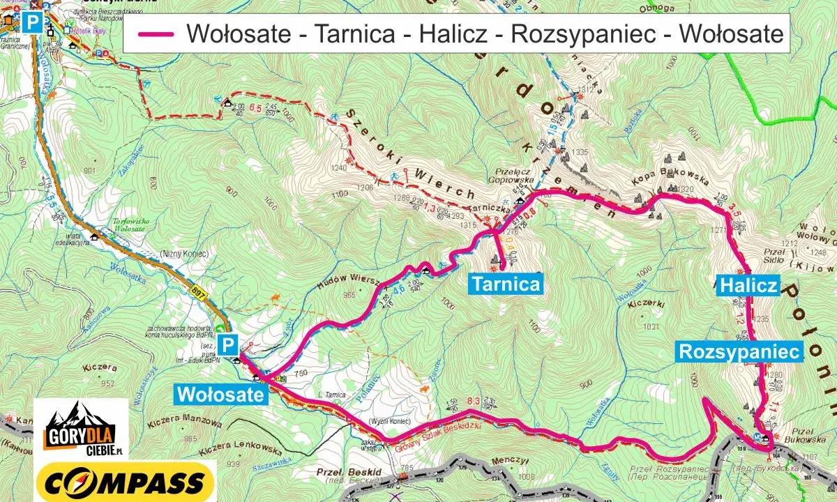 Trasa Wołosate - Tarnica - Halicz - Rozsypaniec - Wołosate. Mapa szlaków Bieszczad. Ile się idzie?