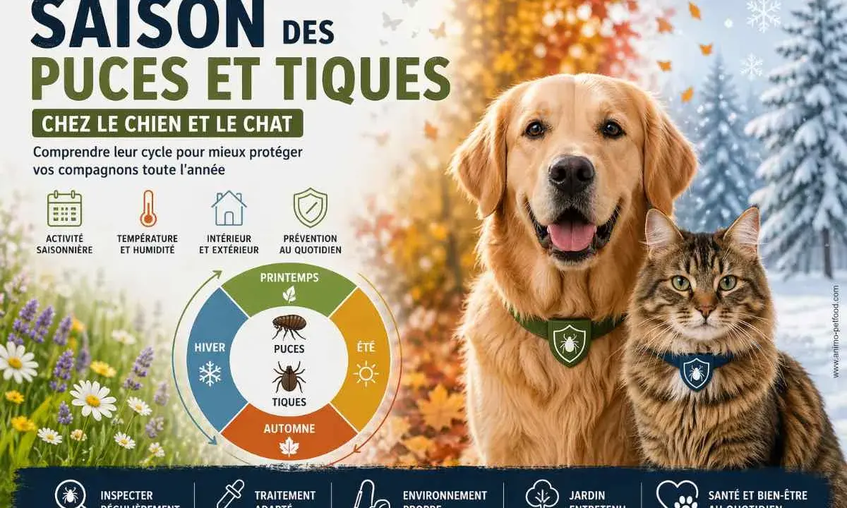 Un chien et un chat souriants, avec un schéma expliquant le cycle des puces et tiques selon les saisons. Protégez vos compagnons toute l'année !