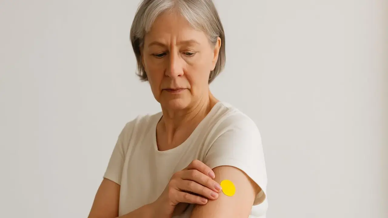 Donna anziana con cerotto giallo sul braccio, preoccupata per i possibili effetti collaterali del vaccino antinfluenzale.