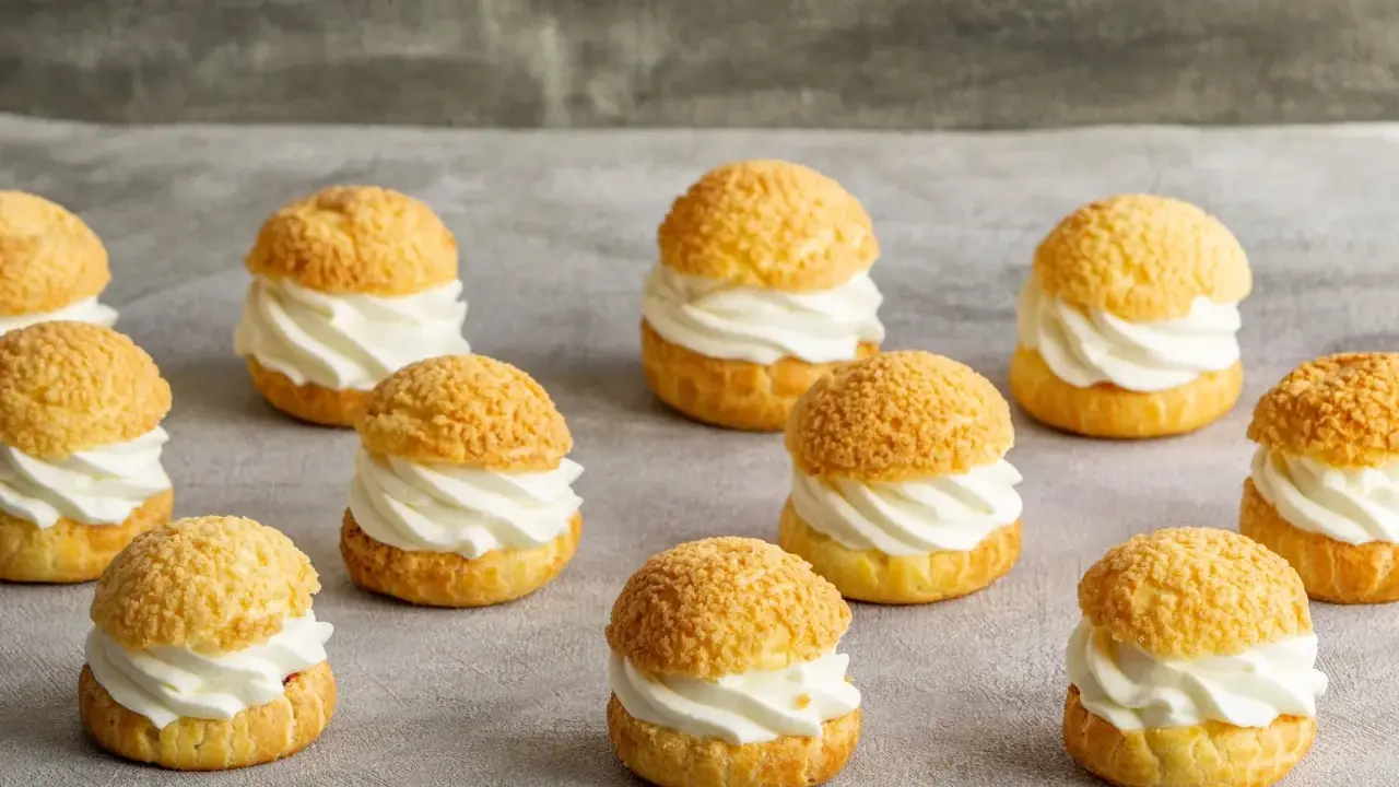 Douze petits choux garnis de crème fouettée, parfaits pour une recette pâte à choux réussie.