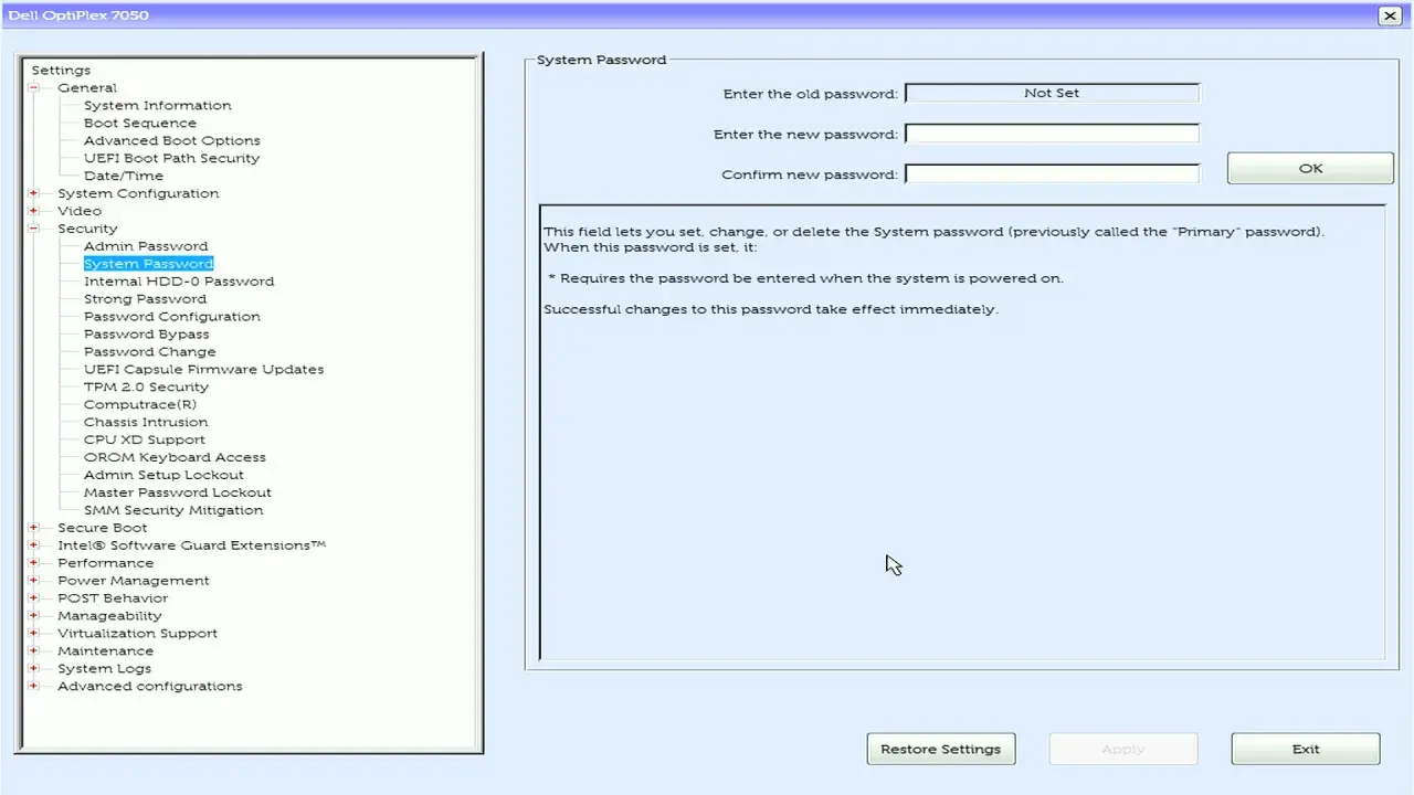 Interface BIOS pour changer le mot de passe système. Permet de réinitialiser le mot de passe.