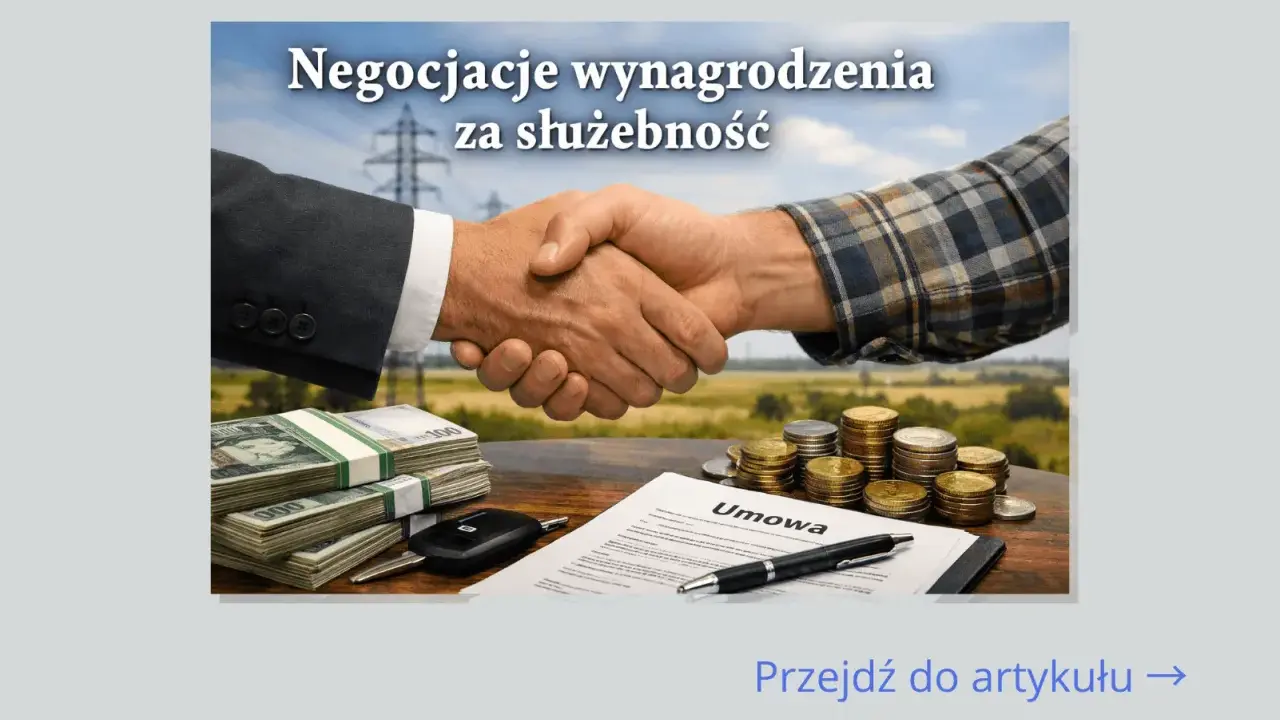 Uścisk dłoni symbolizujący negocjacje wynagrodzenia za służebność przesyłu. Na stole stosy pieniędzy, monet i umowa.