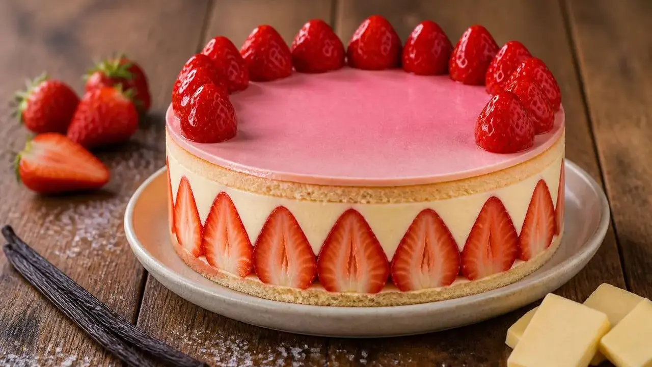 Gâteau rond avec un glaçage miroir fraise, décoré de fraises fraîches et de tranches de fraises sur le pourtour.