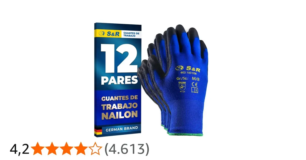 Pack de 12 pares de guantes de trabajo de nailon con recubrimiento de nitrilo. Protegen tus manos.