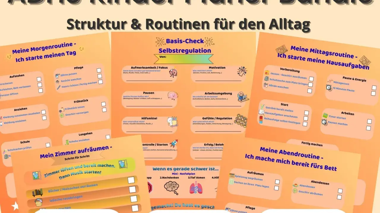 ADHS Kinder Planer Bundle: Struktur & Routinen für den Alltag. Hilft bei der **adhs impulskontrolle** durch Morgen-, Mittag- und Abendroutinen sowie Notfallpläne.