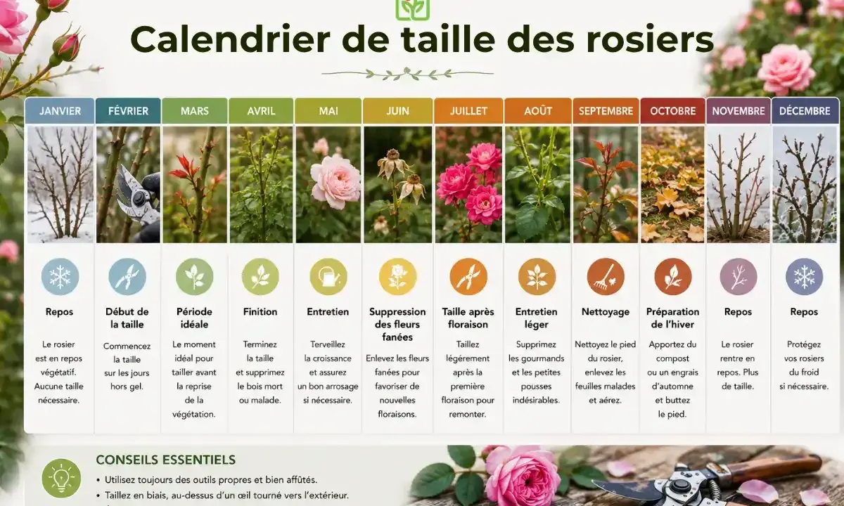 Calendrier pour savoir comment tailler un rosier mois par mois, de janvier à décembre, avec des conseils essentiels.