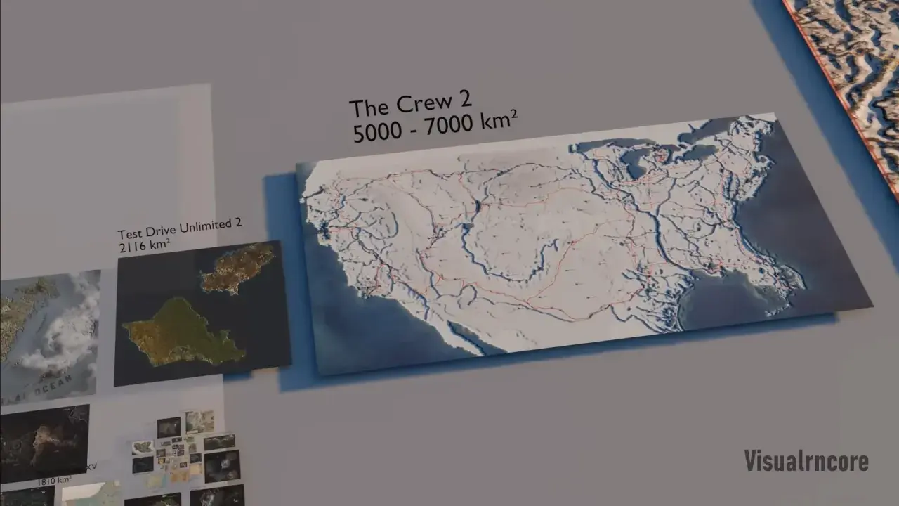 Mapa gry The Crew 2, porównująca jej ogromną powierzchnię z innymi grami. Cała ekipa graczy może przemierzać te tereny.