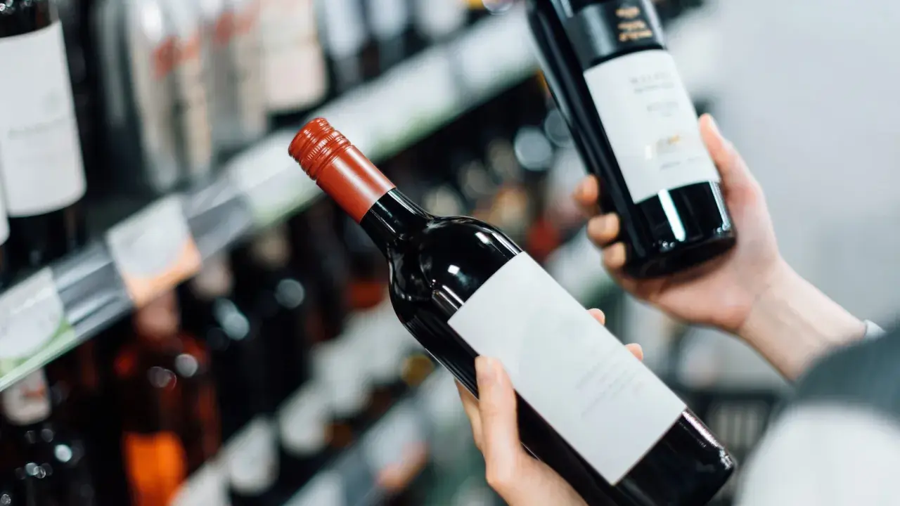 Manos sostienen botellas de vino tinto, eligiendo entre los vinos más vendidos en España.