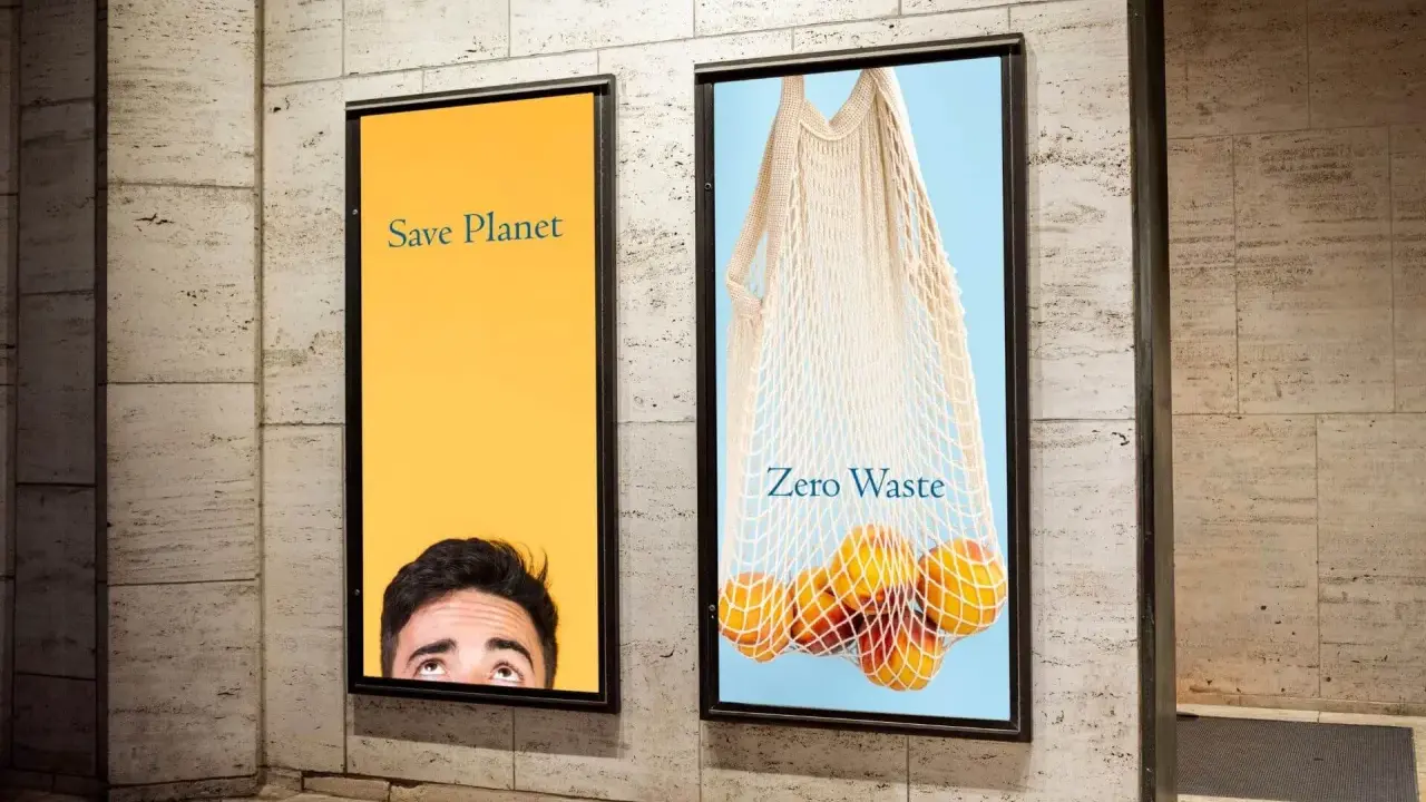 Dos carteles publicitarios con altas resoluciones de imágenes. Uno muestra un ojo mirando hacia arriba sobre fondo amarillo con "Save Planet". El otro, una bolsa de red con melocotones y "Zero Waste".