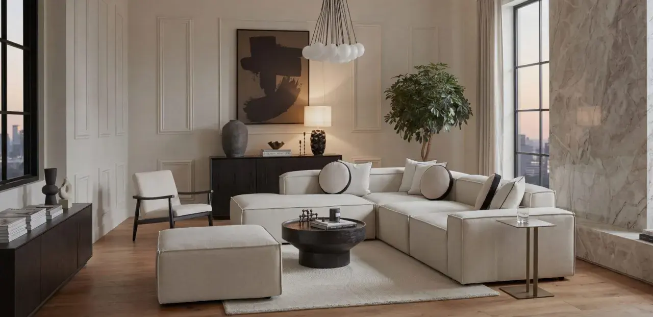 Un soggiorno con un divano componibile bianco, tavolino nero, poltrona e pouf. L'arredamento riflette uno stile contemporaneo casa, con un quadro astratto e una lampada di design.