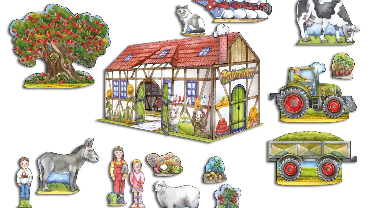Bunte Bauernhof Bastelvorlagen mit Haus, Tieren, Traktor und Kindern. Perfekt für kleine Landwirte zum Spielen und Gestalten.