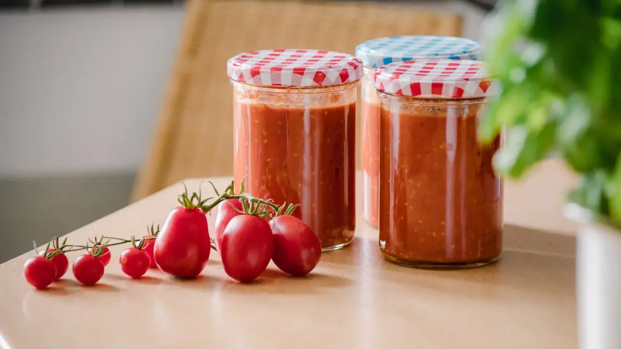 Frische Tomaten und eingekochte Tomatensauce in Gläsern. Die Frage "Tomatensauce einkochen wie lange?" beschäftigt viele Hobbyköche.