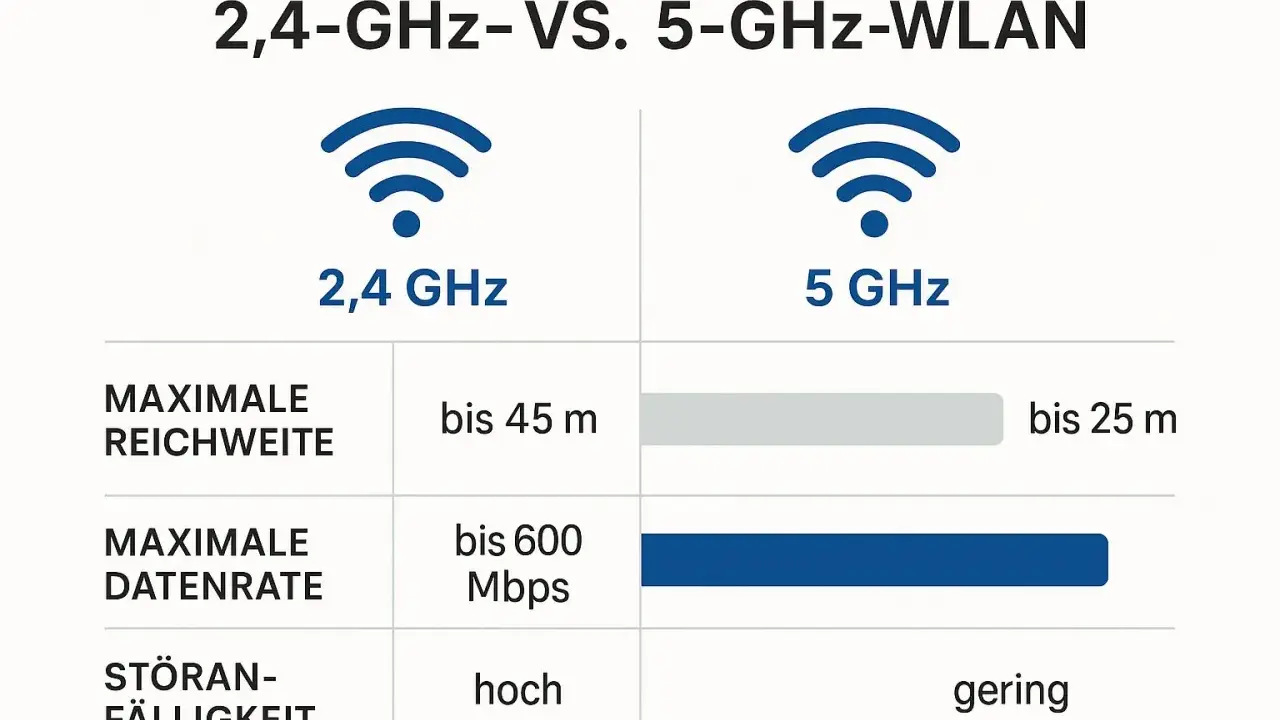 Vergleichstabelle: 2,4 GHz vs. 5 GHz WLAN. So kannst du die WLAN Frequenz herausfinden und die Unterschiede bei Reichweite, Datenrate und Störanfälligkeit erkennen.