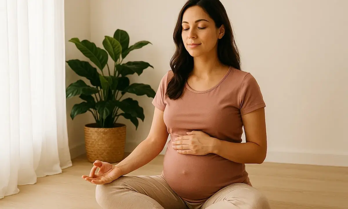 Gravid kvinna sitter i lotusställning och utövar meditation. Hon har slutna ögon och en hand på sin mage. En grön växt står i bakgrunden.