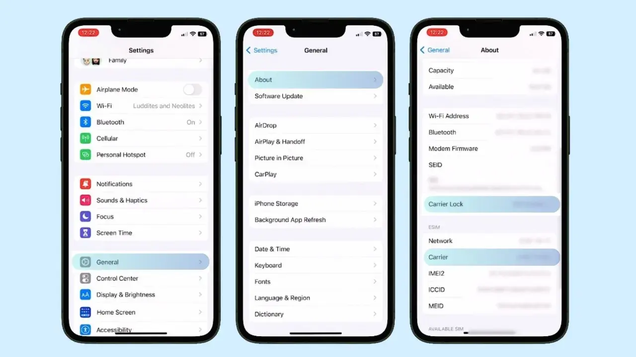 Ekran iPhone'a z ustawieniami. Widać opcję "Carrier Lock", która informuje o blokadzie simlock.