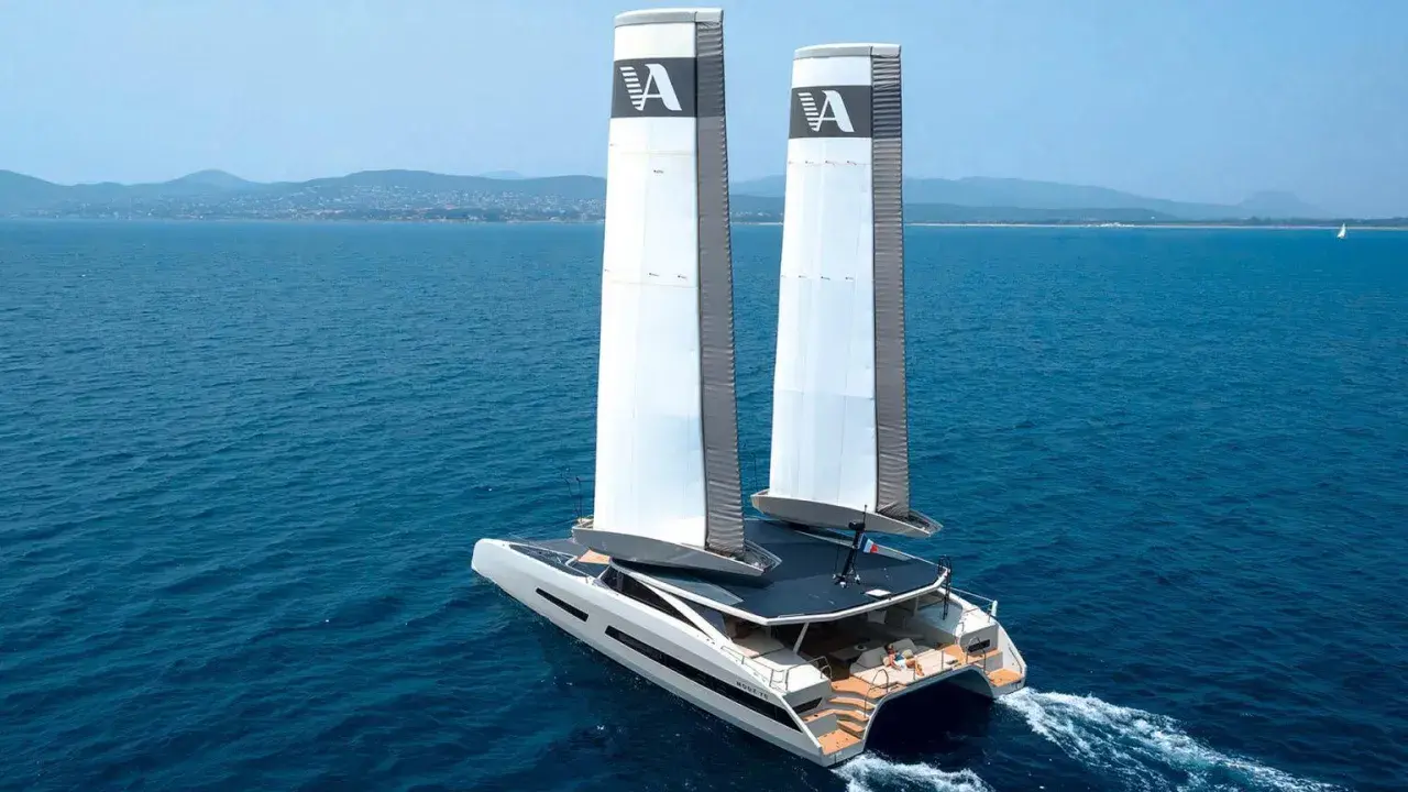 Le catamaran de luxe MODX 70 navigue sur une mer bleue, ses deux voiles imposantes portant le logo "A".