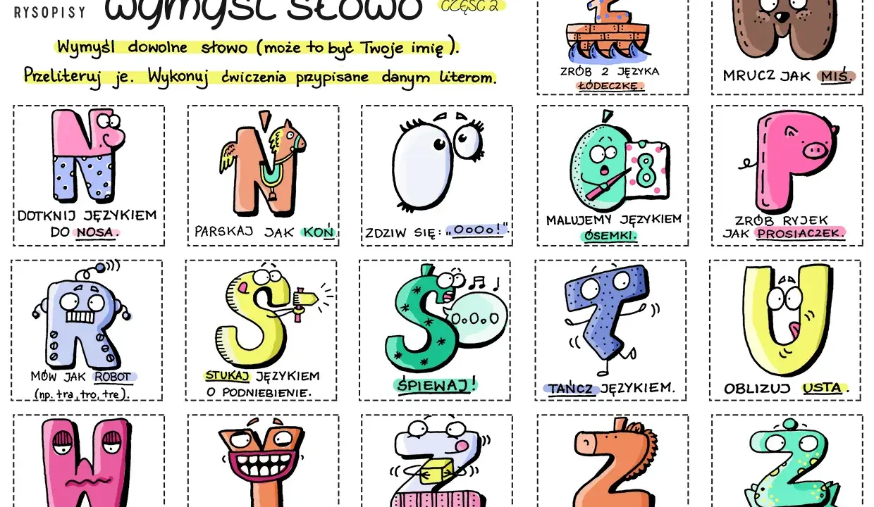 Ćwiczenia na seplenienie: litery N, K, O, M, P, R, S, Ś, T, U, W, Y, Z, Ż. Zabawy z językiem dla dzieci.