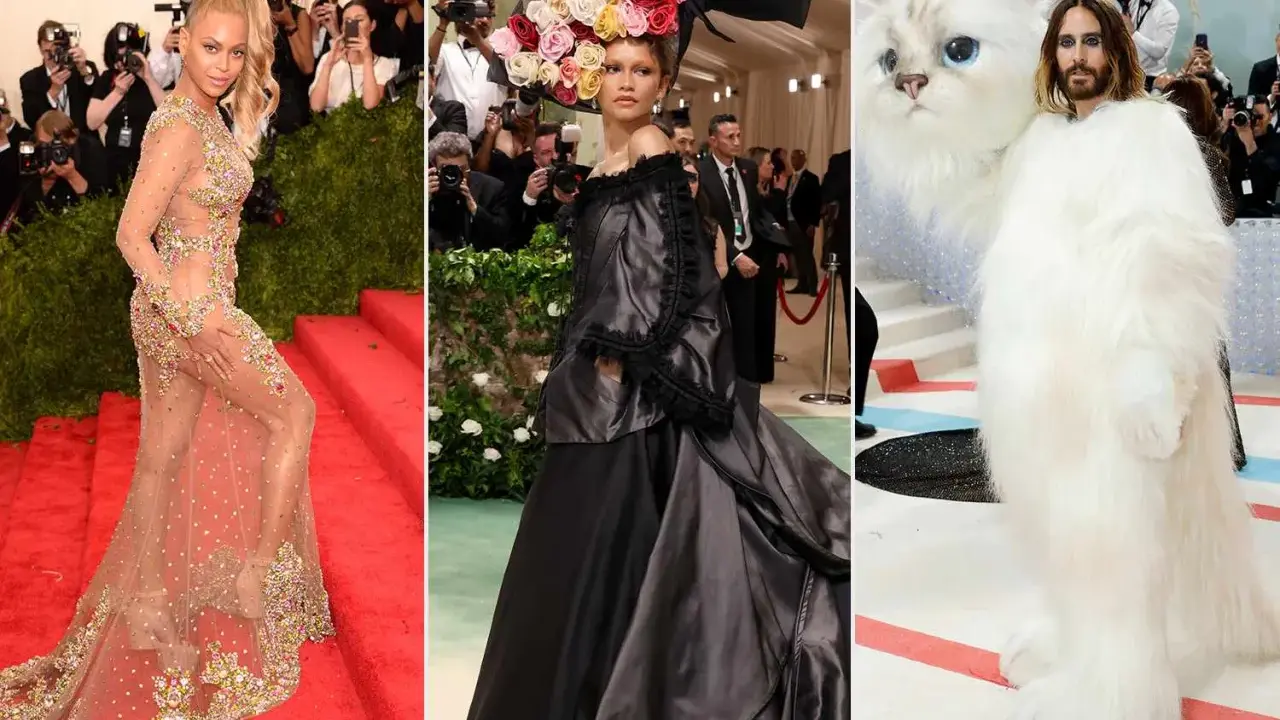 Beyoncé in sheer gown, Zendaya in black dress with floral hat, and Jared Leto in a cat costume.