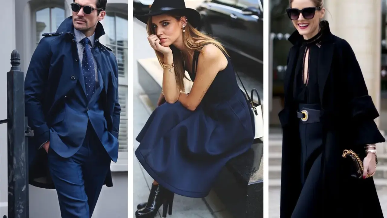 Uomo in abito blu, donna con cappello e gonna blu, donna in cappotto nero. Blu e nero stanno bene insieme, creando look eleganti.