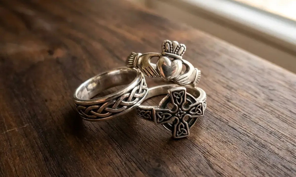 Trzy srebrne pierścionki: Claddagh, symbol przyjaźni, celtycki krzyż i pierścień z węzłem.