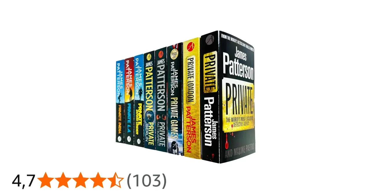 Una fila di libri della serie "Private" di James Patterson, disposti in ordine cronologico.