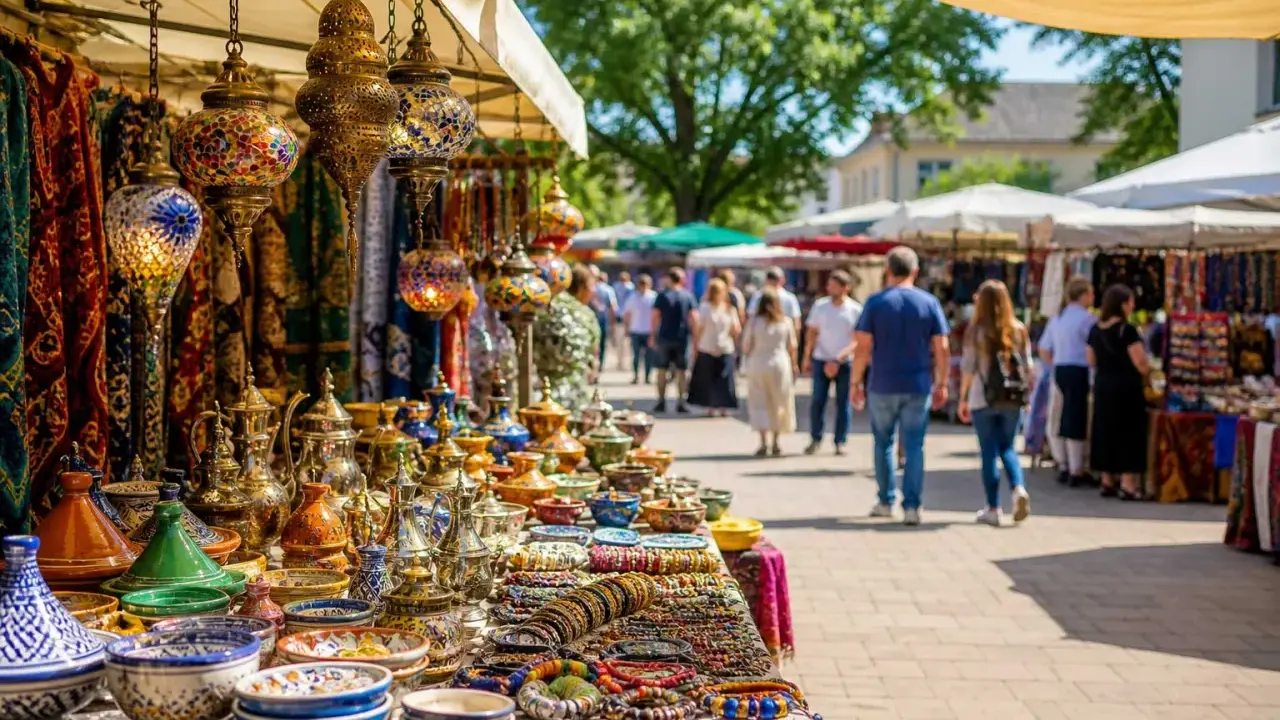 Bunte Lampen, Keramik und Textilien auf einem orientalischen Warenmarkt. Menschen schlendern zwischen den Ständen hindurch.