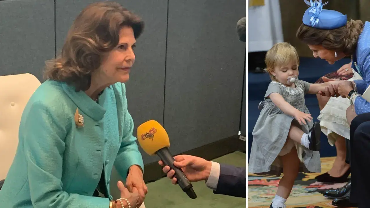 Drottning Silvia som barn, en söt liten flicka med napp. Bredvid en intervju med drottningen idag.