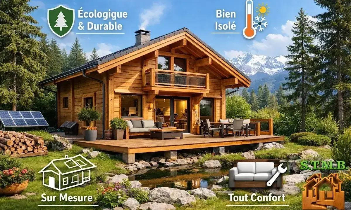 Magnifique chalet madrier, écologique, bien isolé, sur mesure et tout confort, niché dans un paysage de montagne verdoyant.