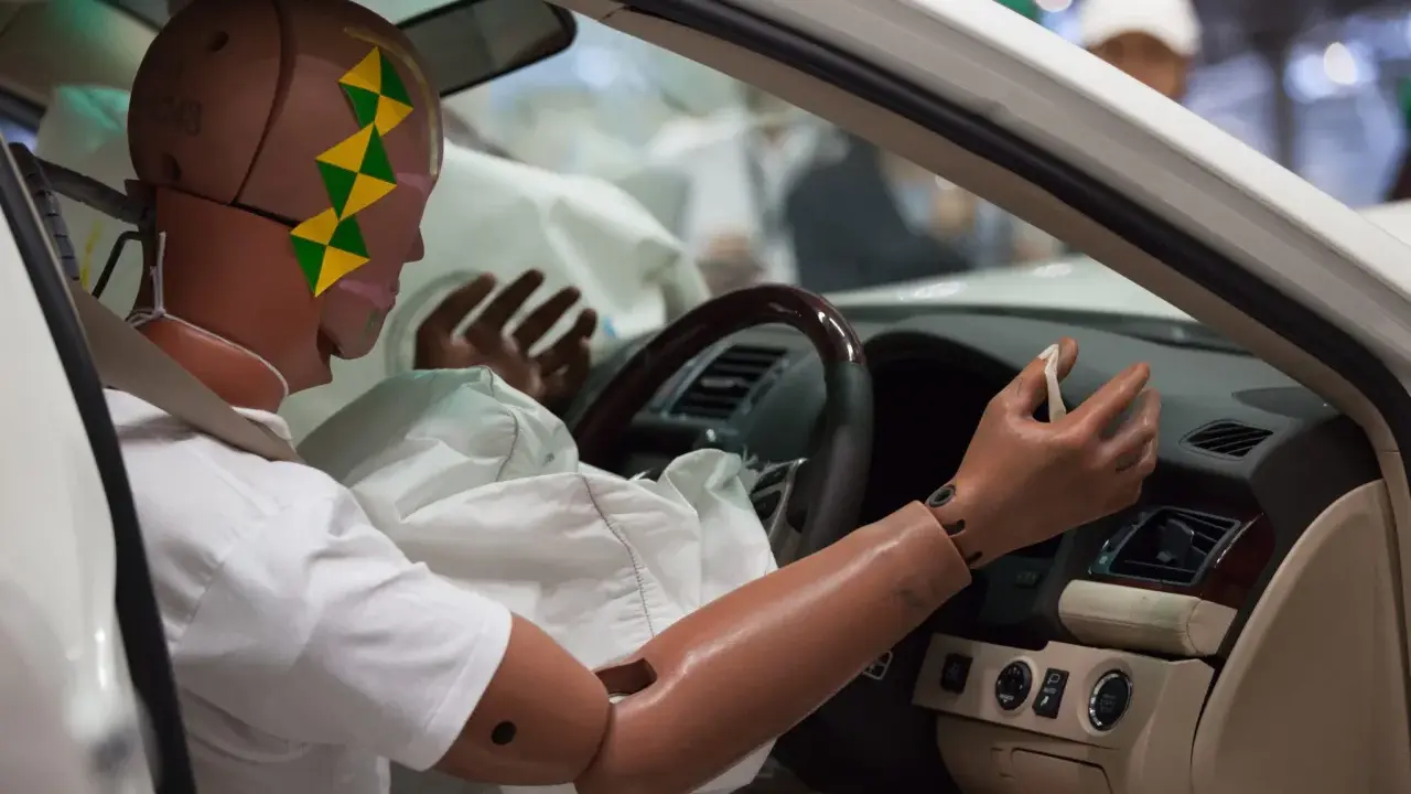 Maniquí en un coche, con el airbag desplegado. El airbag, entre otras funciones, protege de impactos.