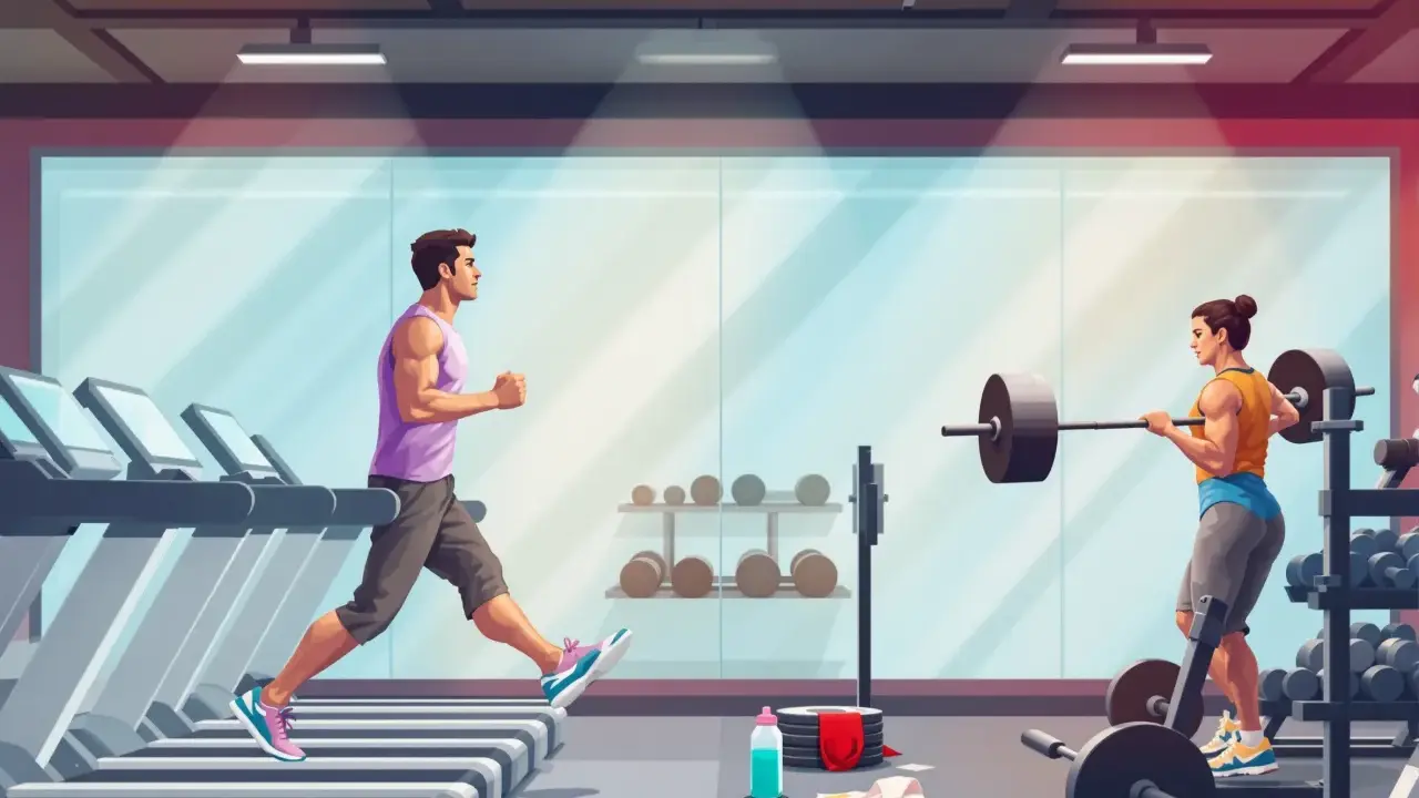 Mężczyzna biegnie na bieżni, kobieta podnosi sztangę. Wybierz swój trening: siłowy czy cardio.