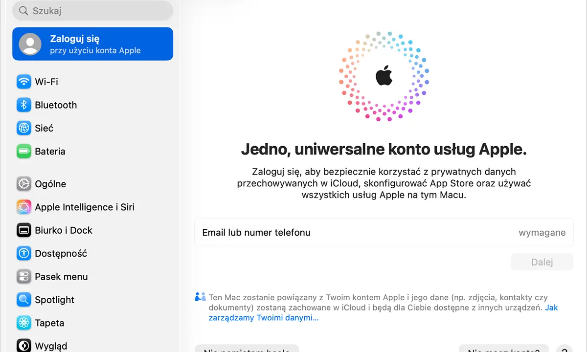 Ekran logowania do iCloud. Wpisz email lub numer telefonu, aby utworzyć nowe konto Apple i korzystać z usług chmury.