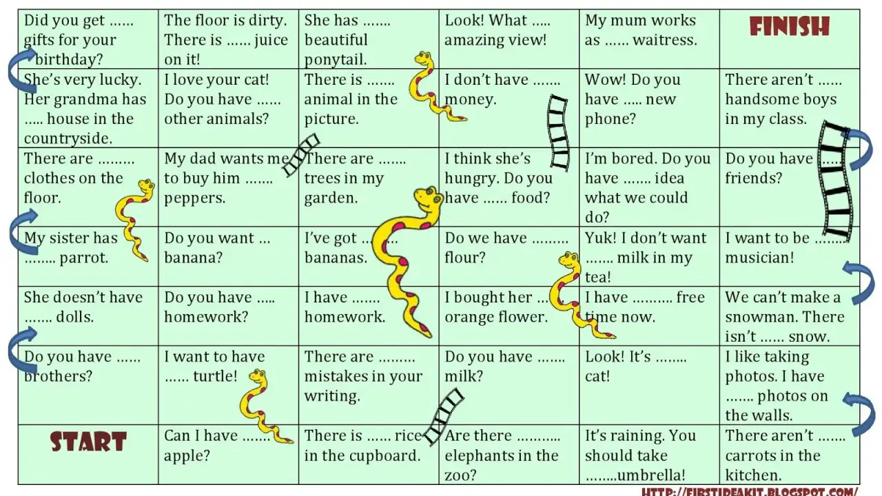 Tabelka z grą "Snakes & Ladders" do ćwiczenia zaimków "some/any/an/a".
