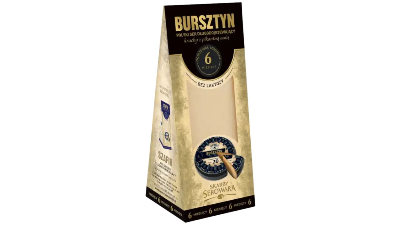 Opakowanie sera Bursztyn, polskiego sera długodojrzewającego, z widocznym kawałkiem sera i etykietą.