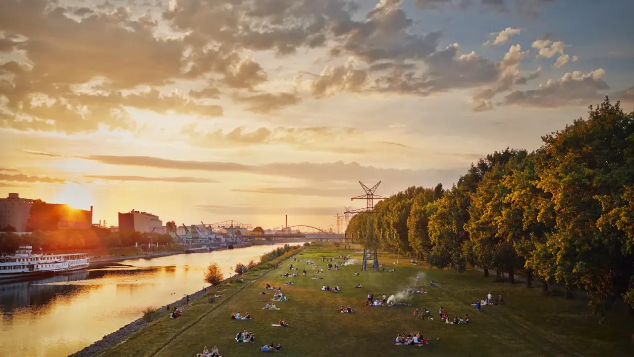 Sonnenuntergang an der Neckarwiese Mannheim. Menschen entspannen im Gras, während die Sonne hinter Industriegebäuden untergeht.
