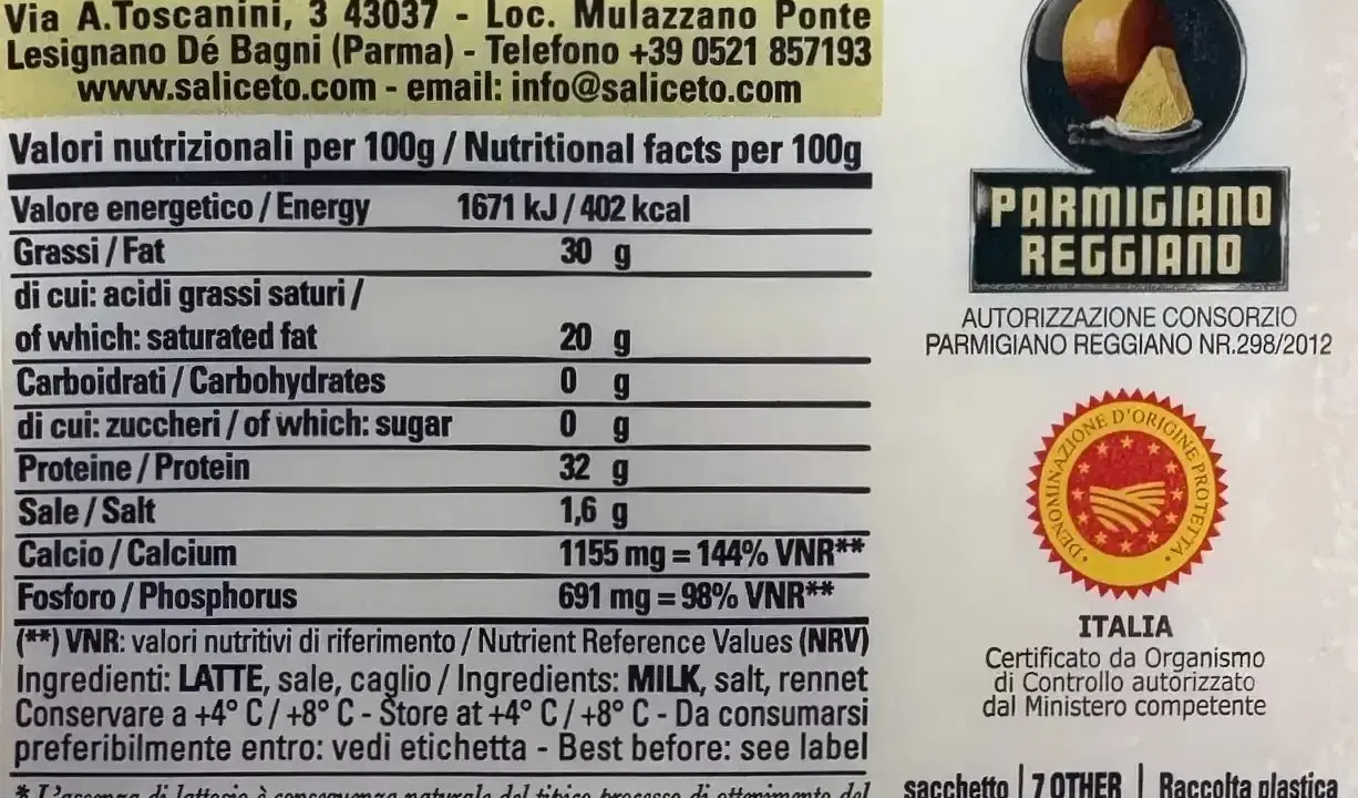 Parmigiano Reggiano: 100g enthalten 1155 mg Kalzium, was 144% des Tagesbedarfs deckt. Ein gesunder Genuss mit viel **Parmesan Calcium**.