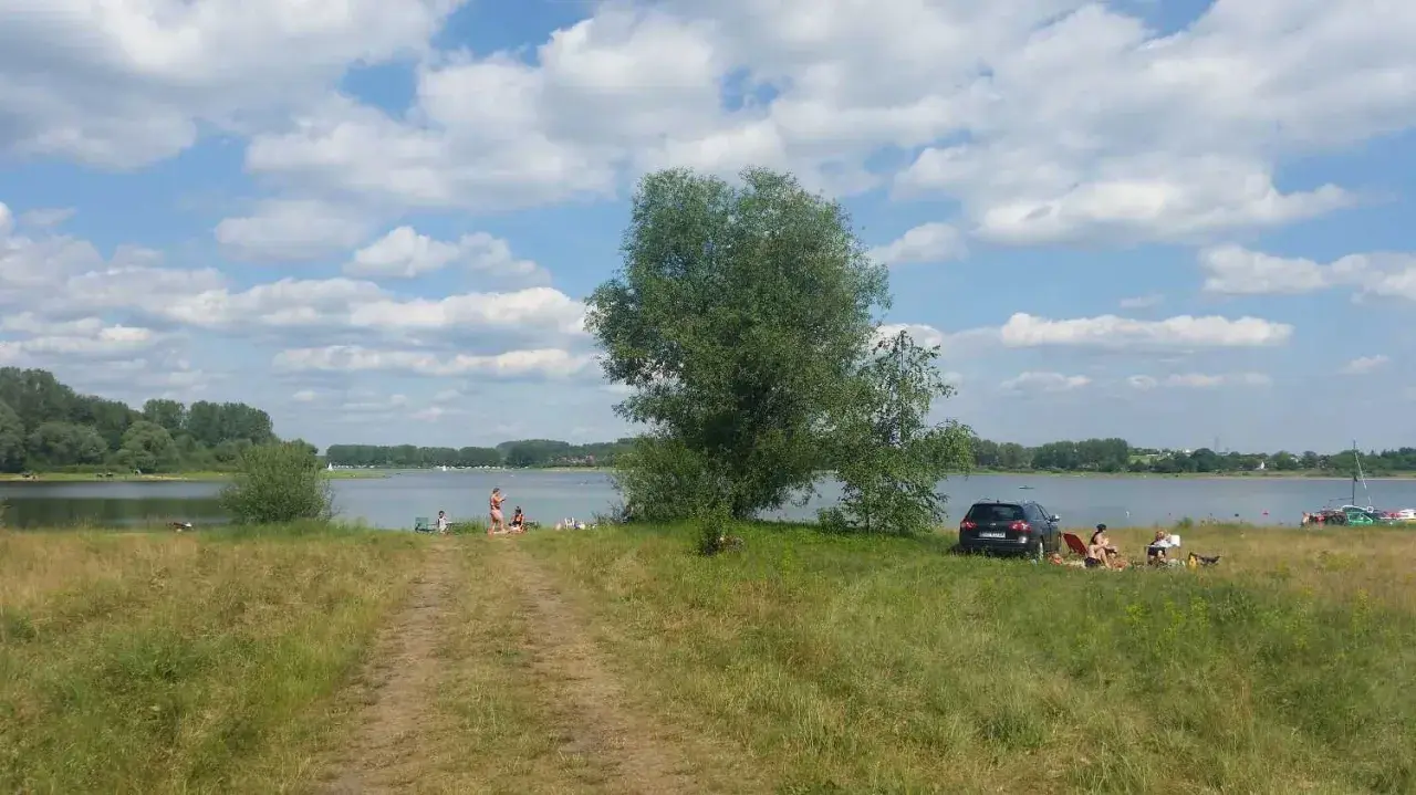 Słoneczny dzień nad jeziorem przeczyckim. Ludzie odpoczywają na trawie, w tle widać wodę i drzewa.