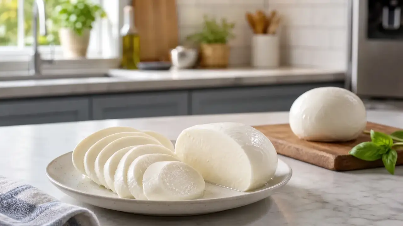 Frischer Mozzarella, angeschnitten und als Kugel auf einem Brett. Ja, kann man Mozzarella einfrieren, um ihn länger haltbar zu machen.